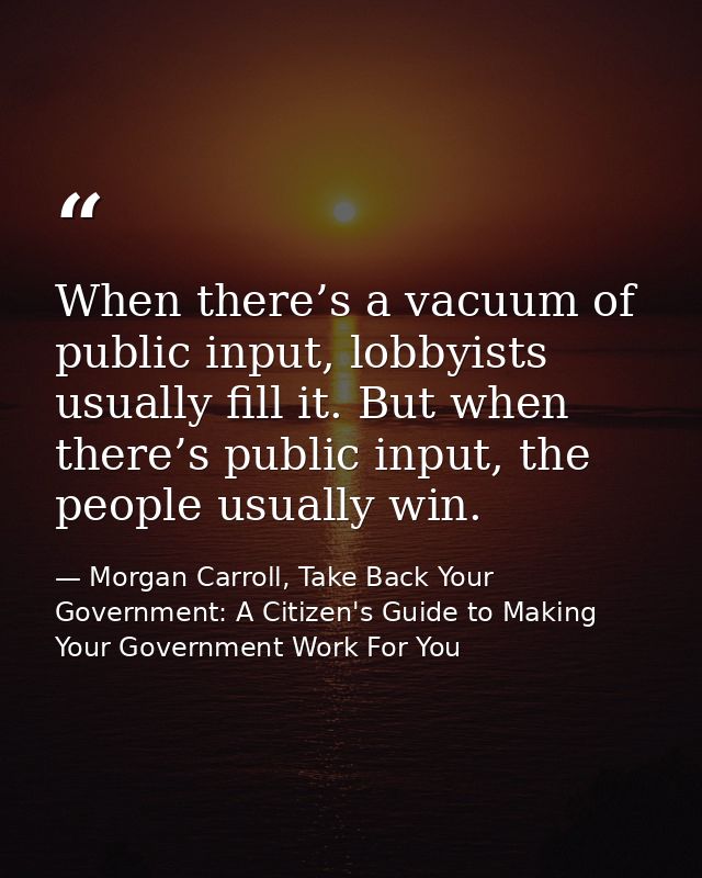 When there’s a vacuum of public input, lobbyists usually fill it. But when there’s public input, the people usually win. — Morgan Carroll, Take Back Your Government: A Citizen's Guide to Making Your Government Work For You