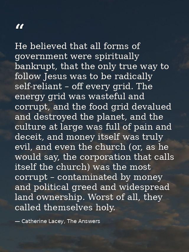 He believed that all forms of government were spiritually bankrupt, that the only true way to follow Jesus was to be rad — Catherine Lacey, The Answers