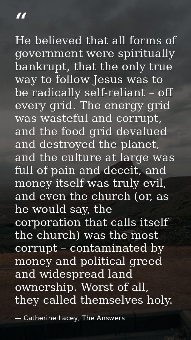 He believed that all forms of government were spiritually bankrupt, that the only true way to follow Jesus was to be rad — Catherine Lacey, The Answers