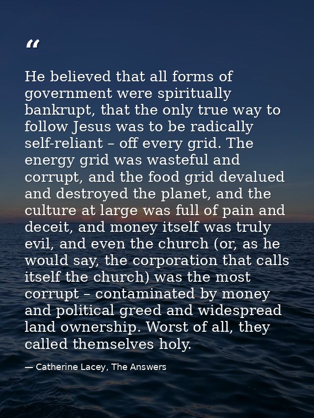 He believed that all forms of government were spiritually bankrupt, that the only true way to follow Jesus was to be rad — Catherine Lacey, The Answers