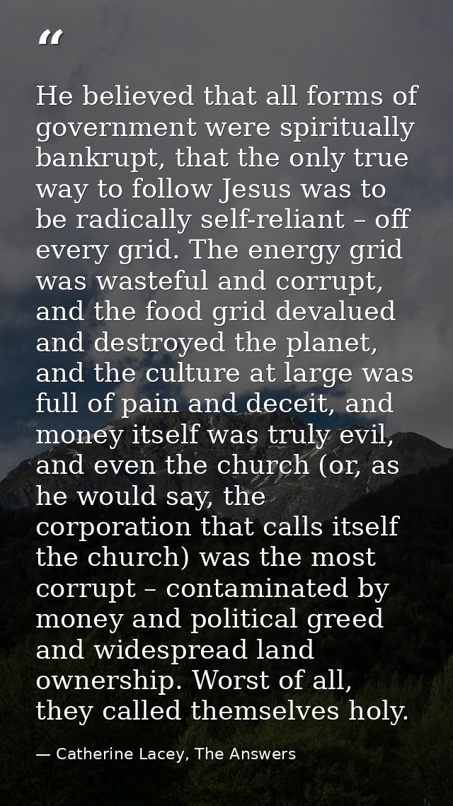 He believed that all forms of government were spiritually bankrupt, that the only true way to follow Jesus was to be rad — Catherine Lacey, The Answers