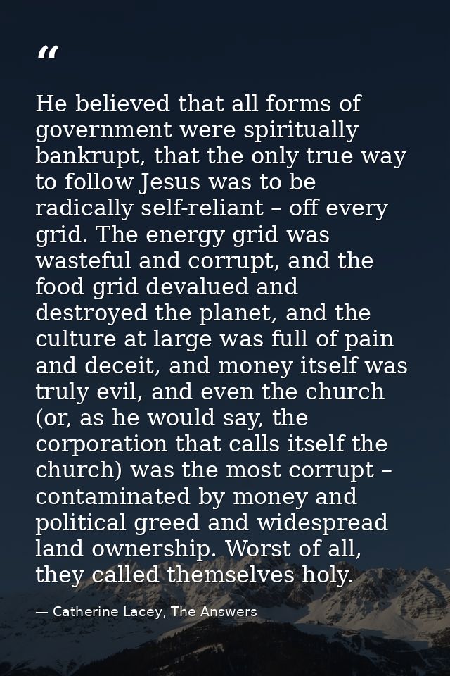 He believed that all forms of government were spiritually bankrupt, that the only true way to follow Jesus was to be rad — Catherine Lacey, The Answers