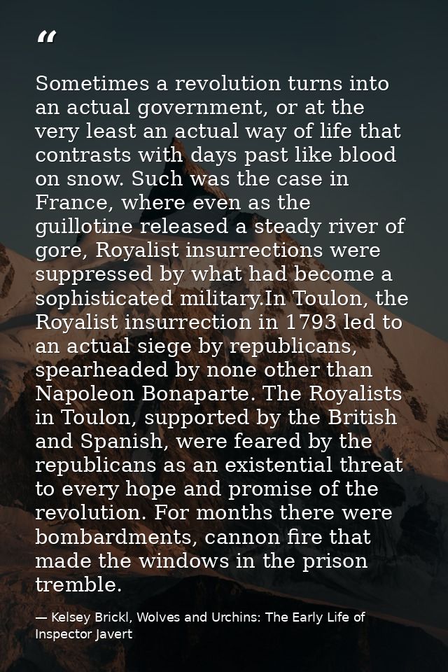 Sometimes a revolution turns into an actual government, or at the very least an actual way of life that contrasts with d — Kelsey Brickl, Wolves and Urchins: The Early Life of Inspector Javert