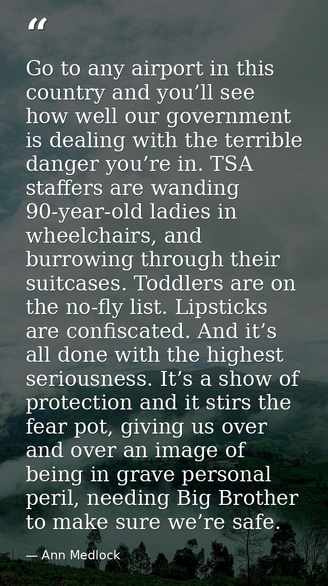 Go to any airport in this country and you’ll see how well our government is dealing with the terrible danger you’re in.  — Ann Medlock