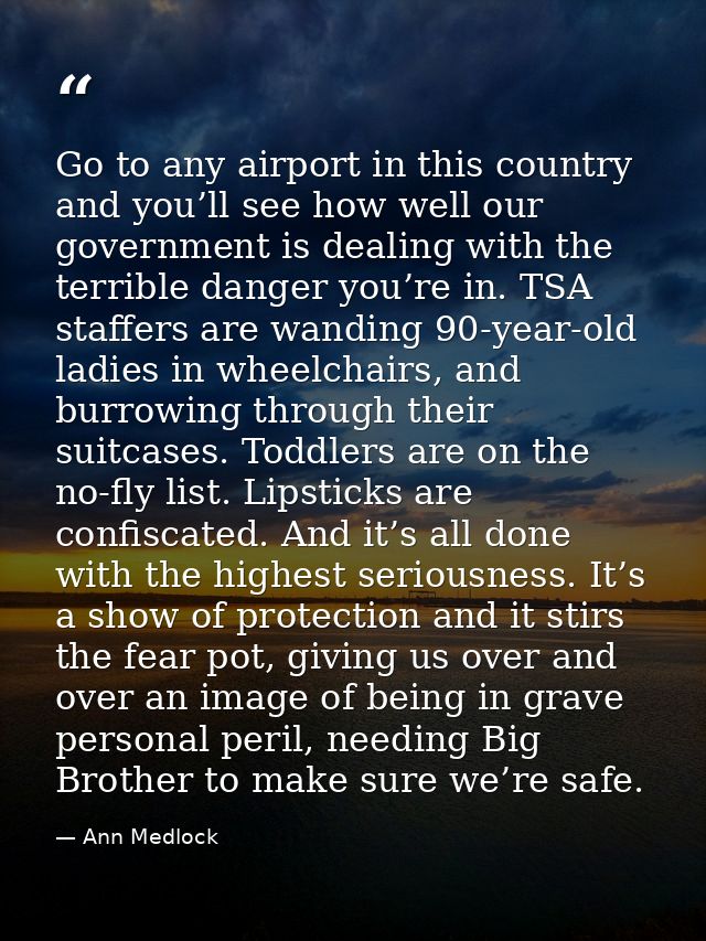 Go to any airport in this country and you’ll see how well our government is dealing with the terrible danger you’re in.  — Ann Medlock