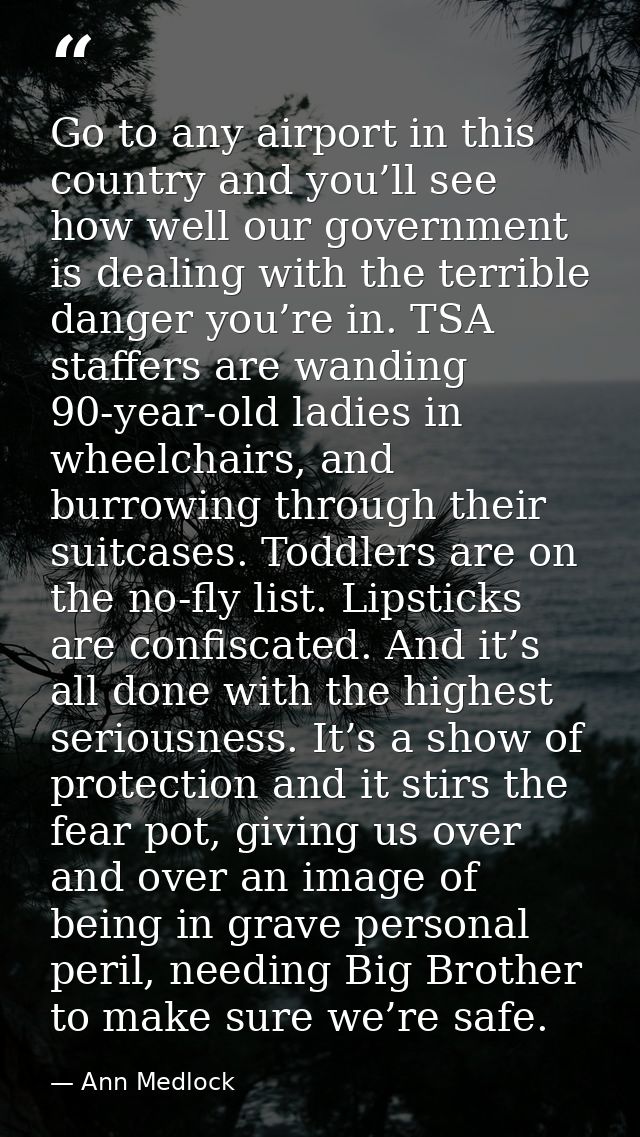 Go to any airport in this country and you’ll see how well our government is dealing with the terrible danger you’re in.  — Ann Medlock