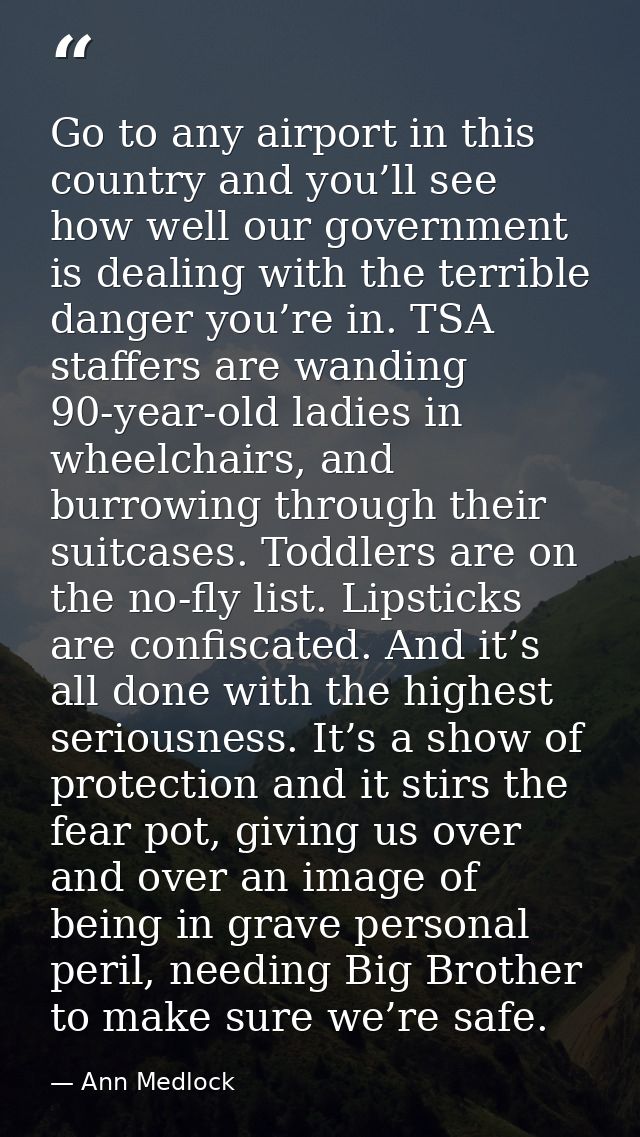 Go to any airport in this country and you’ll see how well our government is dealing with the terrible danger you’re in.  — Ann Medlock