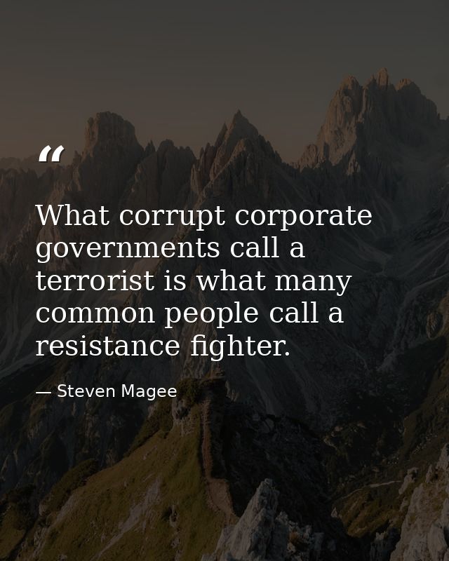What corrupt corporate governments call a terrorist is what many common people call a resistance fighter. — Steven Magee