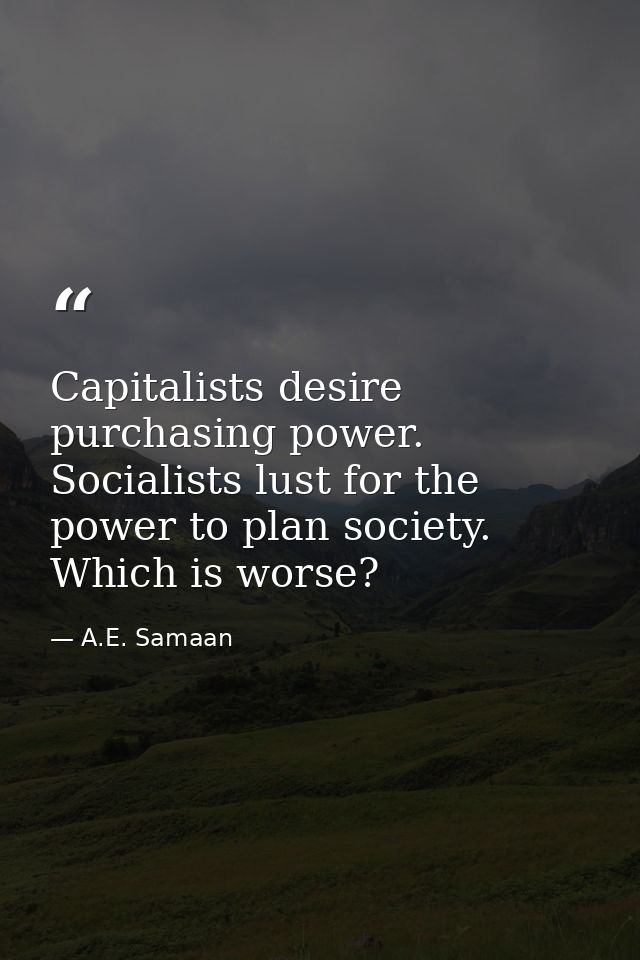 Capitalists desire purchasing power. Socialists lust for the power to plan society. Which is worse? — A.E. Samaan