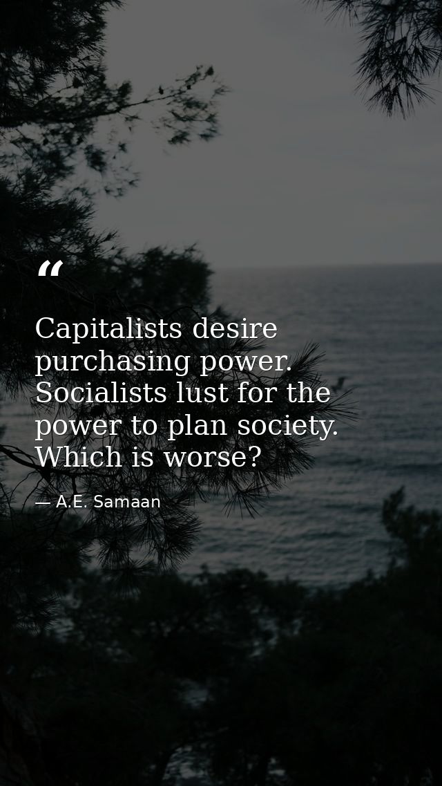 Capitalists desire purchasing power. Socialists lust for the power to plan society. Which is worse? — A.E. Samaan
