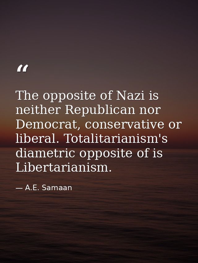 The opposite of Nazi is neither Republican nor Democrat, conservative or liberal. Totalitarianism's diametric opposite o — A.E. Samaan