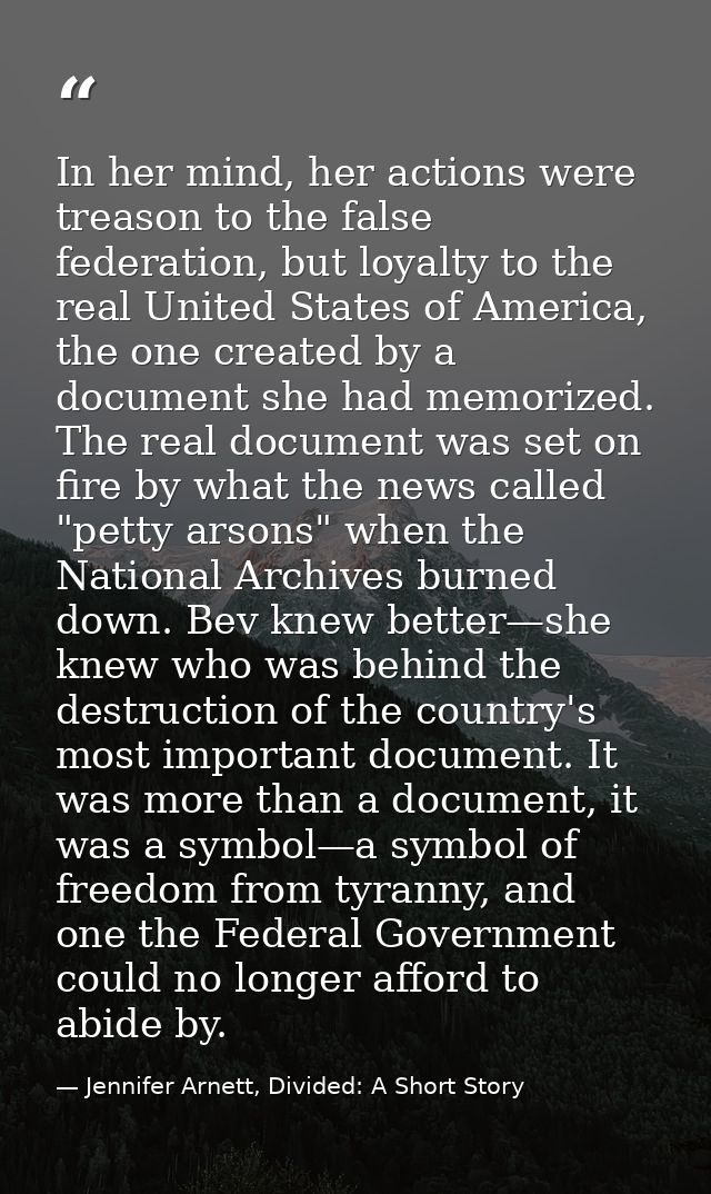 In her mind, her actions were treason to the false federation, but loyalty to the real United States of America, the one — Jennifer Arnett, Divided: A Short Story