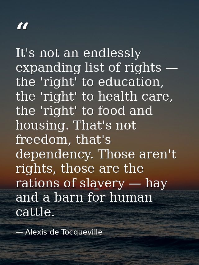 It's not an endlessly expanding list of rights — the 'right' to education, the 'right' to health care, the 'right' to fo — Alexis de Tocqueville