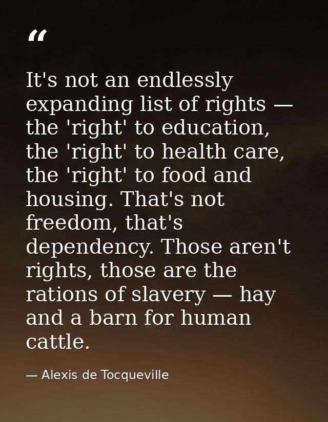 It's not an endlessly expanding list of rights — the 'right' to education, the 'right' to health care, the 'right' to fo — Alexis de Tocqueville