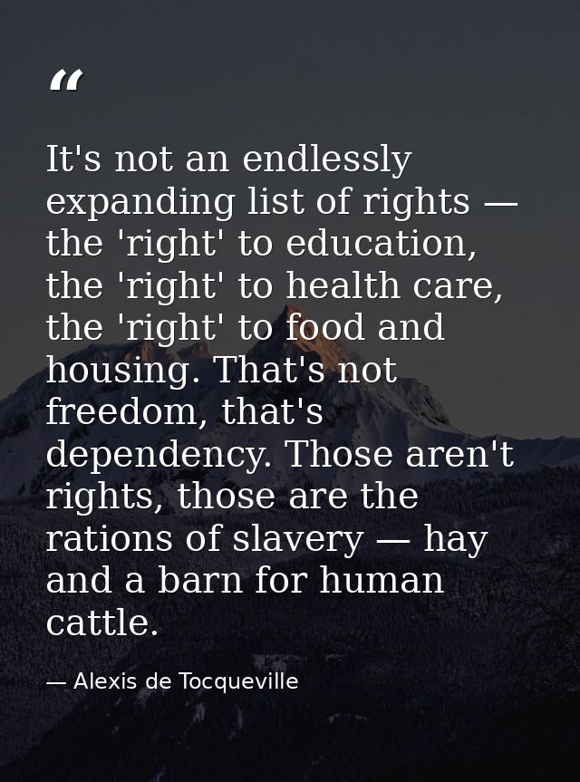 It's not an endlessly expanding list of rights — the 'right' to education, the 'right' to health care, the 'right' to fo — Alexis de Tocqueville