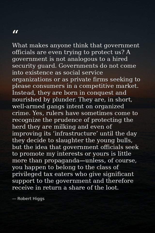 What makes anyone think that government officials are even trying to protect us? A government is not analogous to a hire — Robert Higgs
