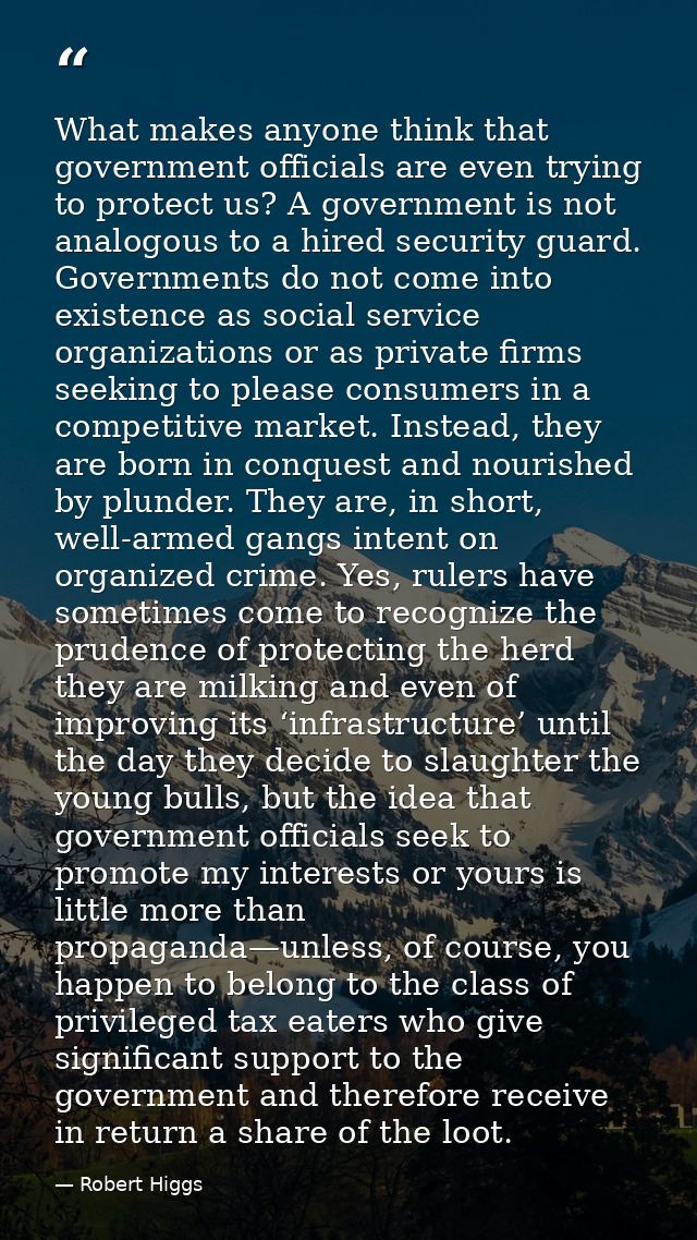 What makes anyone think that government officials are even trying to protect us? A government is not analogous to a hire — Robert Higgs