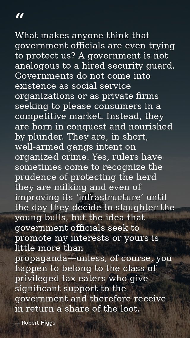 What makes anyone think that government officials are even trying to protect us? A government is not analogous to a hire — Robert Higgs