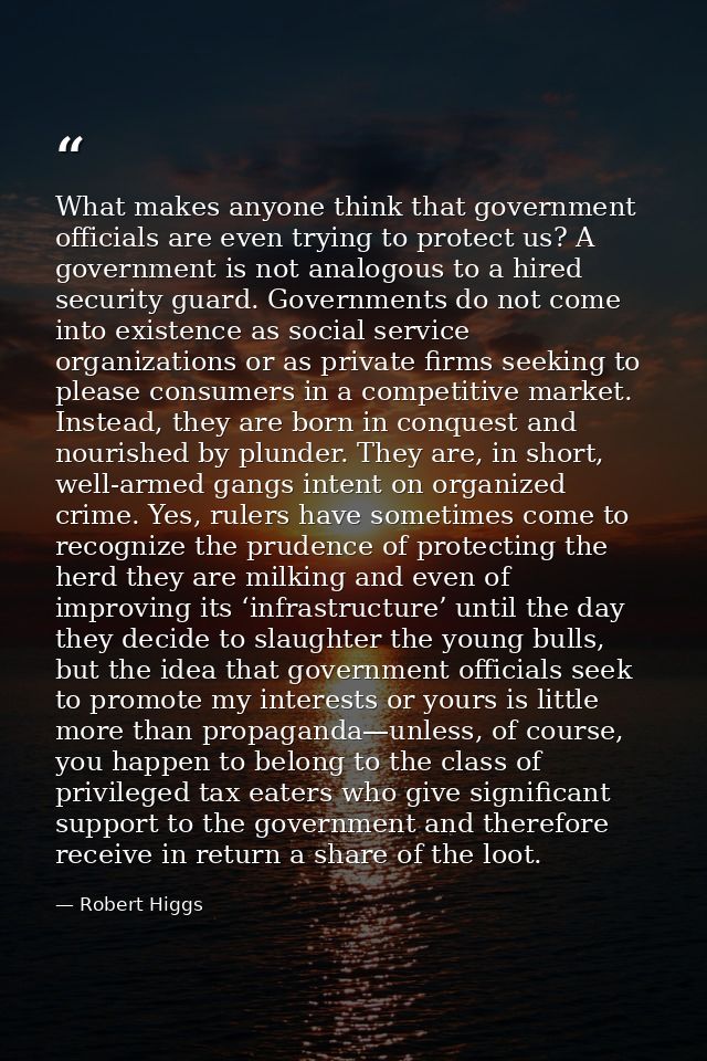 What makes anyone think that government officials are even trying to protect us? A government is not analogous to a hire — Robert Higgs