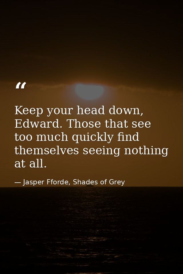 Keep your head down, Edward. Those that see too much quickly find themselves seeing nothing at all. — Jasper Fforde, Shades of Grey
