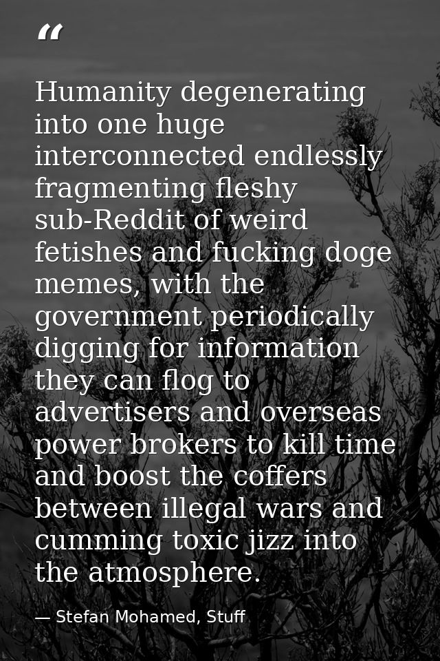 Humanity degenerating into one huge interconnected endlessly fragmenting fleshy sub-Reddit of weird fetishes and fucking — Stefan Mohamed, Stuff