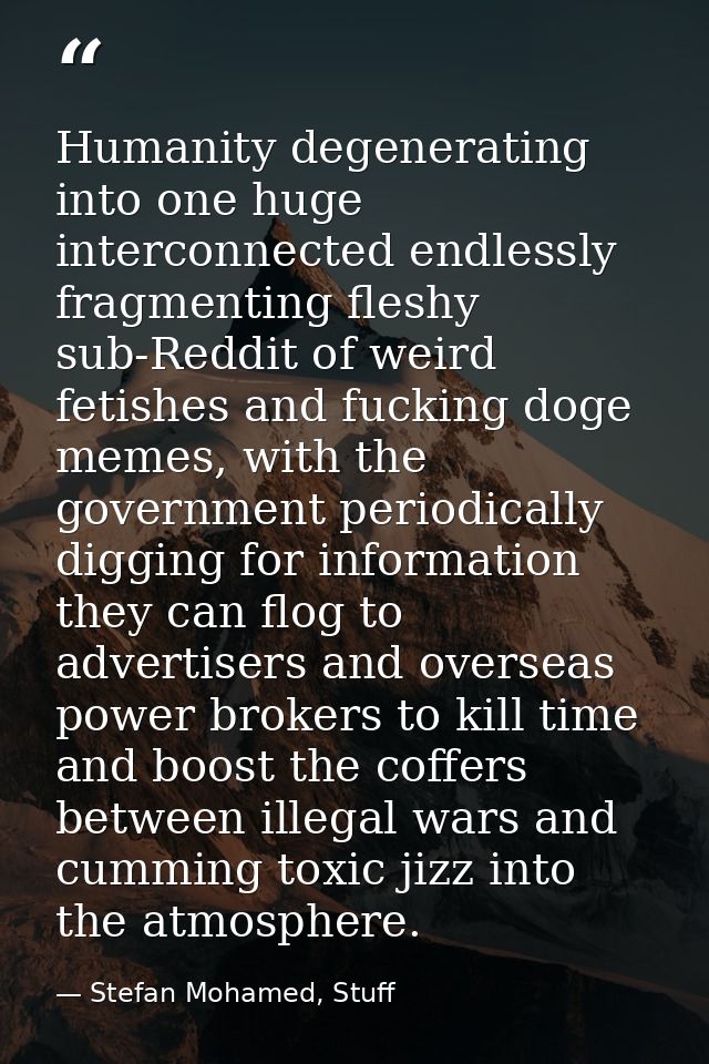 Humanity degenerating into one huge interconnected endlessly fragmenting fleshy sub-Reddit of weird fetishes and fucking — Stefan Mohamed, Stuff