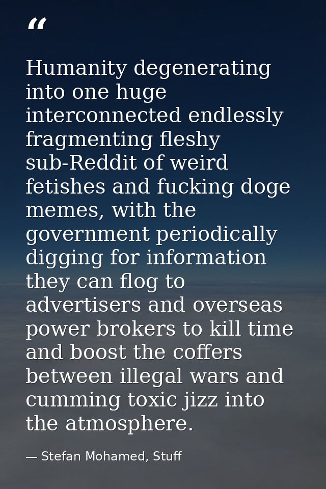 Humanity degenerating into one huge interconnected endlessly fragmenting fleshy sub-Reddit of weird fetishes and fucking — Stefan Mohamed, Stuff