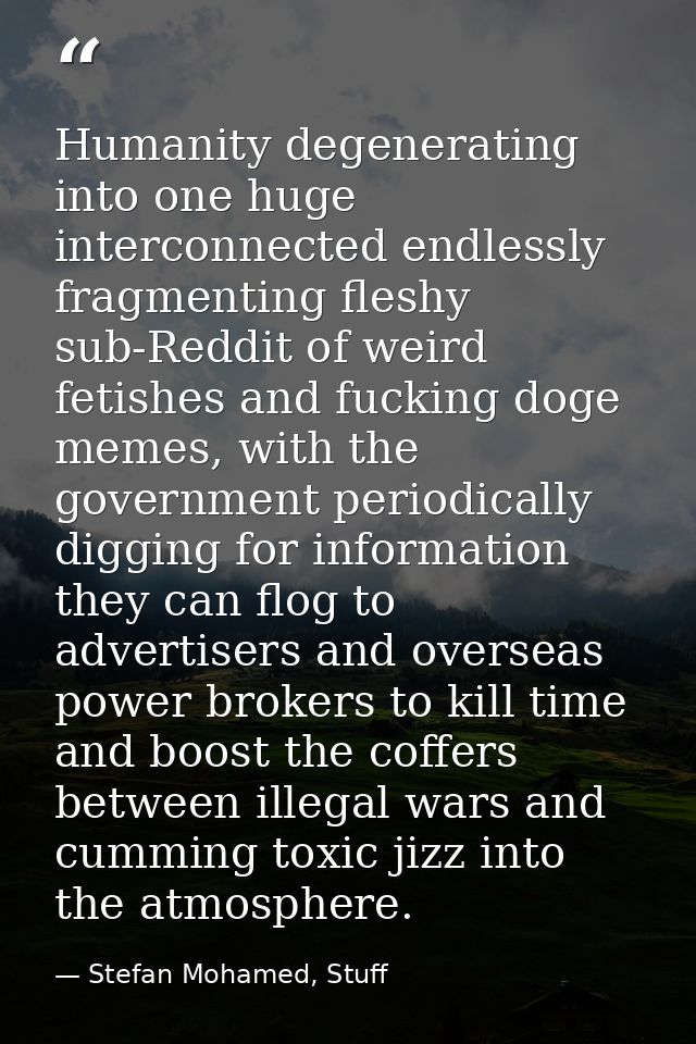 Humanity degenerating into one huge interconnected endlessly fragmenting fleshy sub-Reddit of weird fetishes and fucking — Stefan Mohamed, Stuff