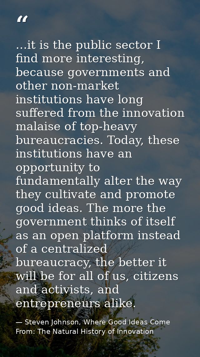 …it is the public sector I find more interesting, because governments and other non-market institutions have long suffer — Steven Johnson, Where Good Ideas Come From: The Natural History of Innovation