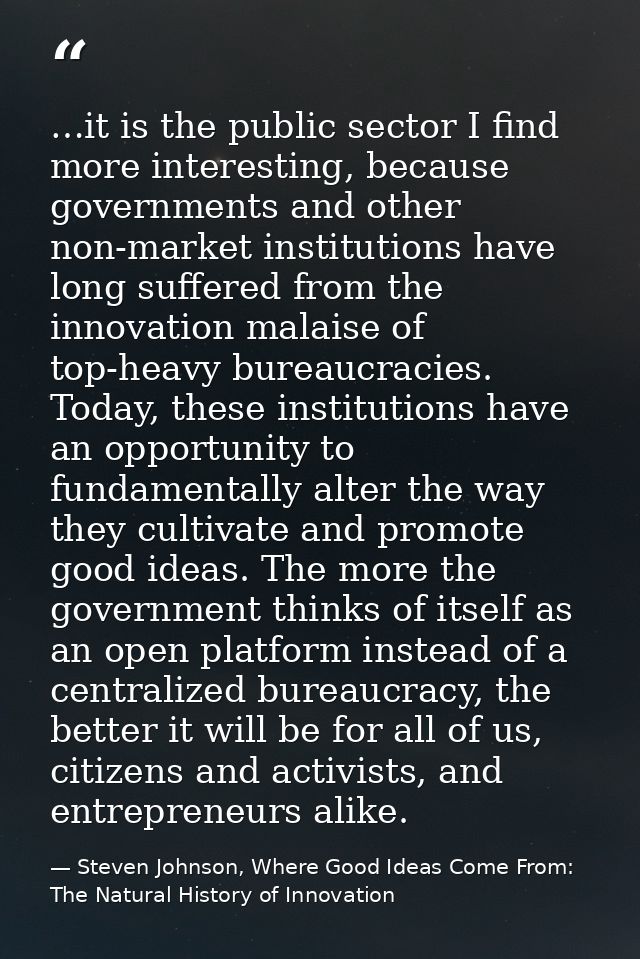 …it is the public sector I find more interesting, because governments and other non-market institutions have long suffer — Steven Johnson, Where Good Ideas Come From: The Natural History of Innovation