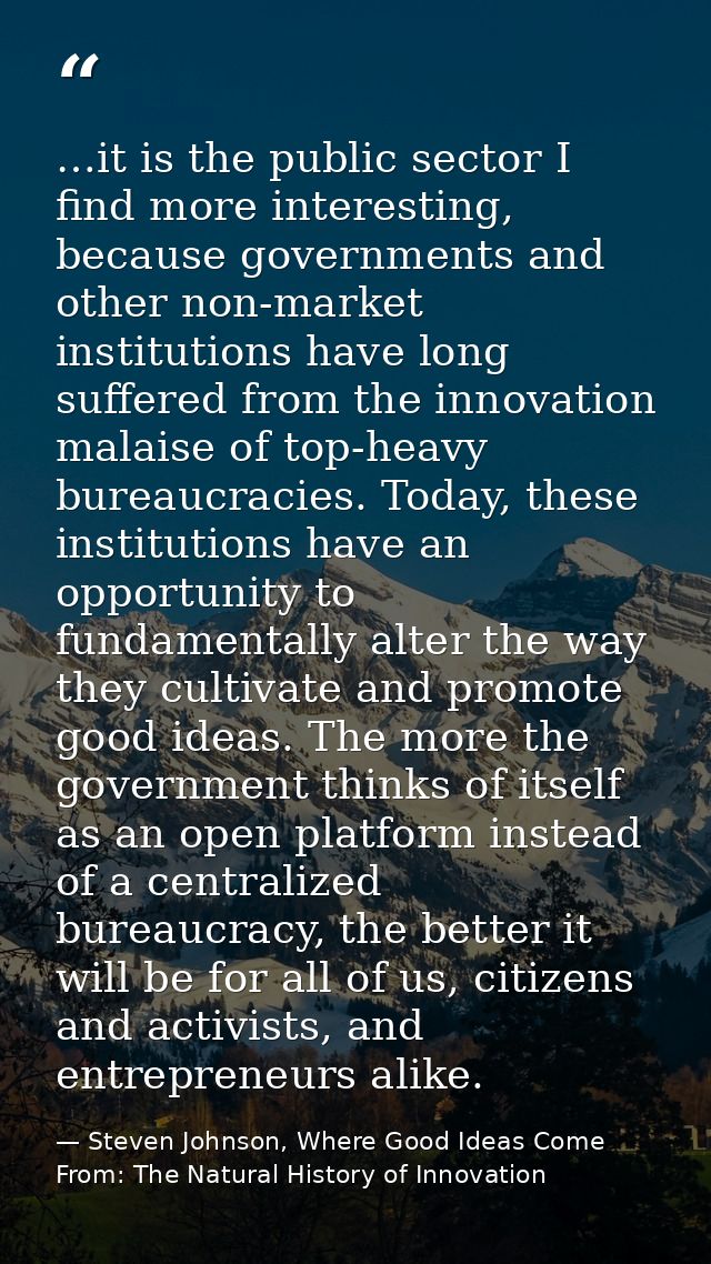 …it is the public sector I find more interesting, because governments and other non-market institutions have long suffer — Steven Johnson, Where Good Ideas Come From: The Natural History of Innovation