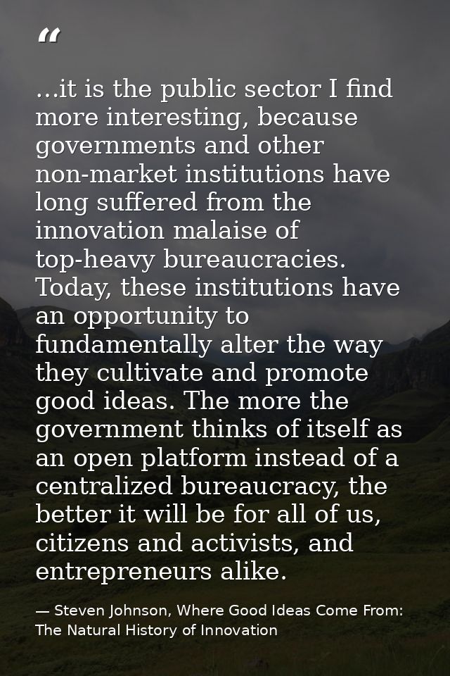 …it is the public sector I find more interesting, because governments and other non-market institutions have long suffer — Steven Johnson, Where Good Ideas Come From: The Natural History of Innovation