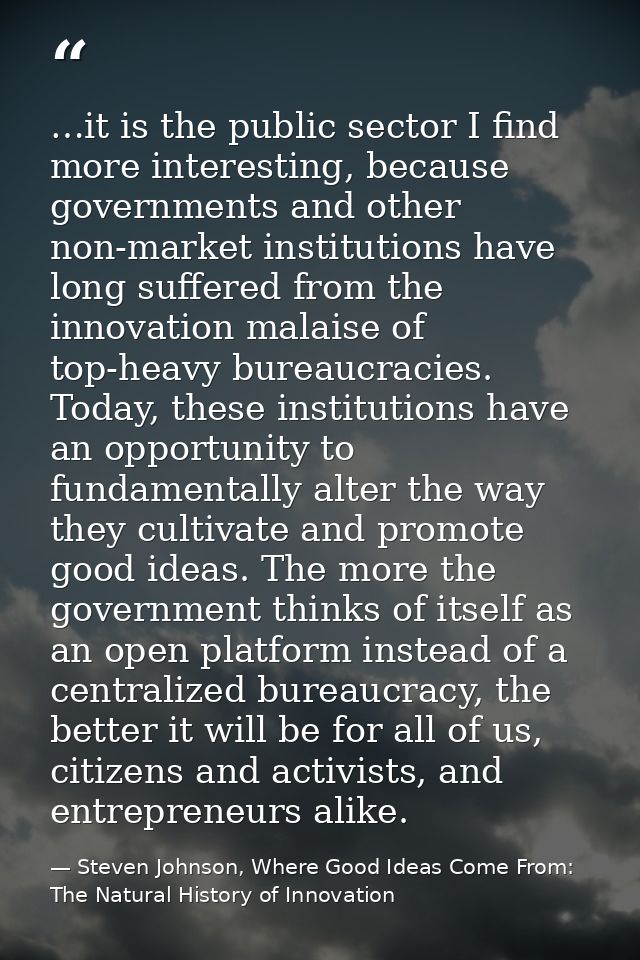 …it is the public sector I find more interesting, because governments and other non-market institutions have long suffer — Steven Johnson, Where Good Ideas Come From: The Natural History of Innovation