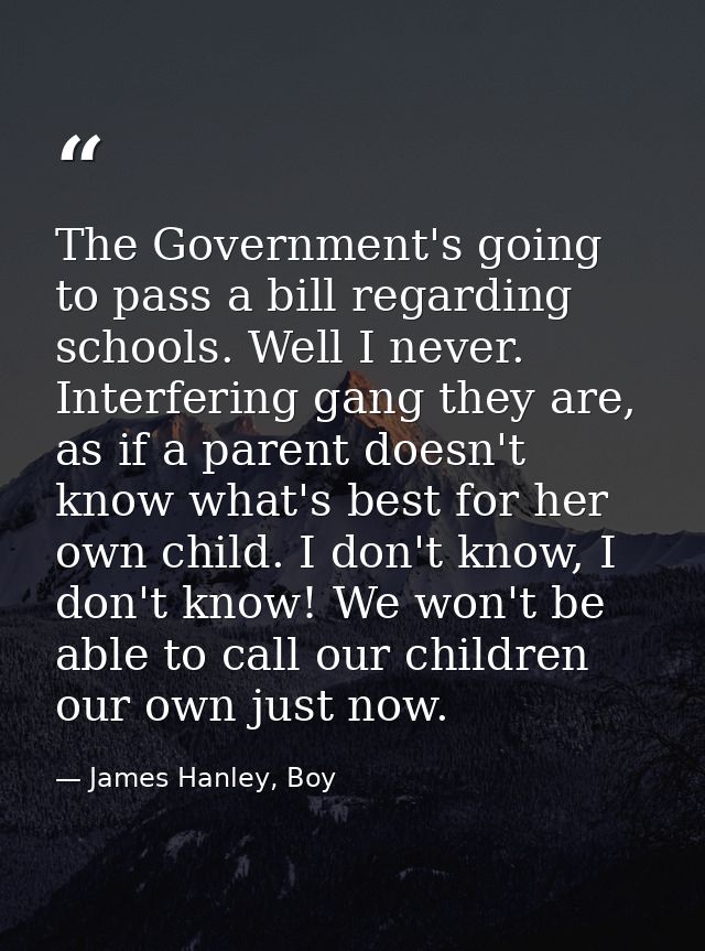 The Government's going to pass a bill regarding schools. Well I never. Interfering gang they are, as if a parent doesn't — James Hanley, Boy
