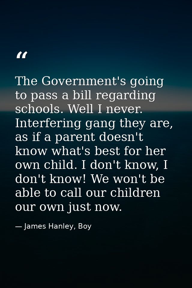 The Government's going to pass a bill regarding schools. Well I never. Interfering gang they are, as if a parent doesn't — James Hanley, Boy