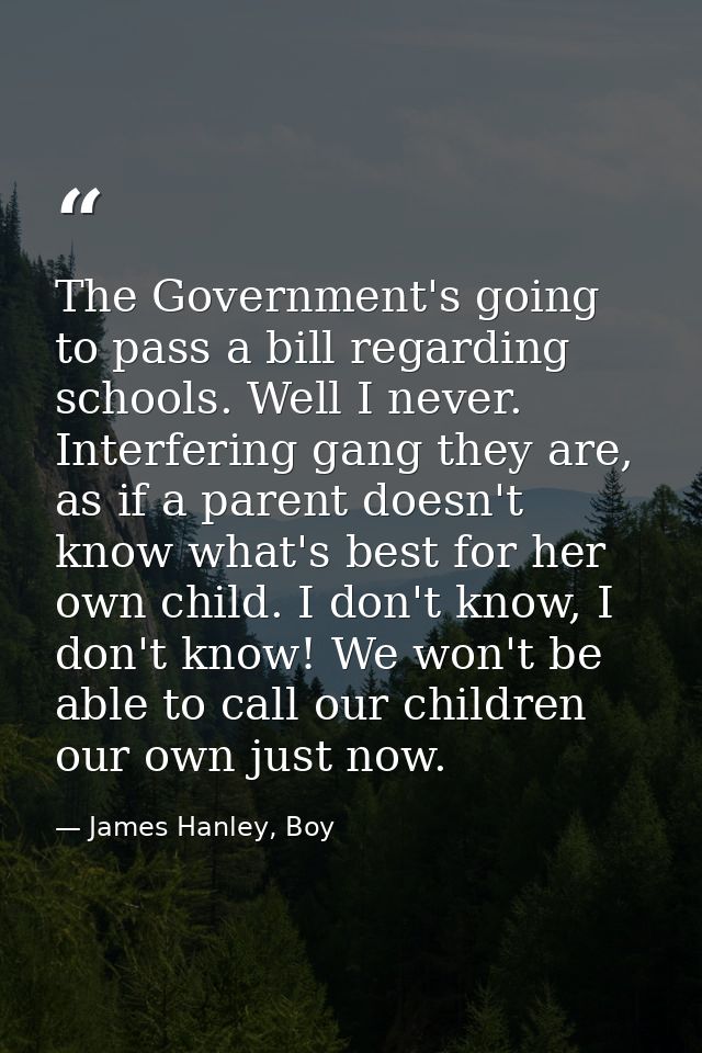 The Government's going to pass a bill regarding schools. Well I never. Interfering gang they are, as if a parent doesn't — James Hanley, Boy