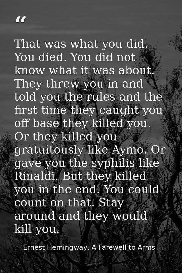 That was what you did. You died. You did not know what it was about. They threw you in and told you the rules and the fi — Ernest Hemingway, A Farewell to Arms