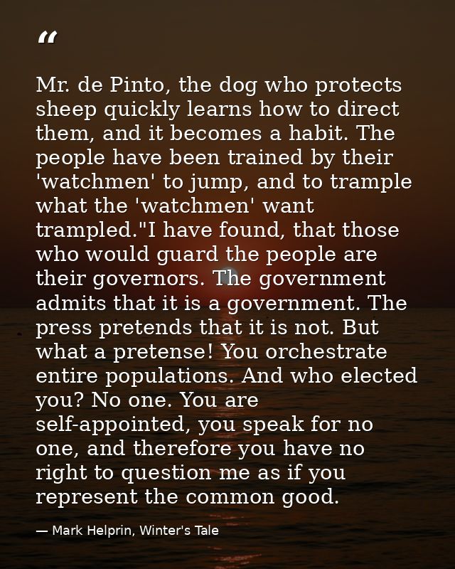 Mr. de Pinto, the dog who protects sheep quickly learns how to direct them, and it becomes a habit. The people have been — Mark Helprin, Winter's Tale