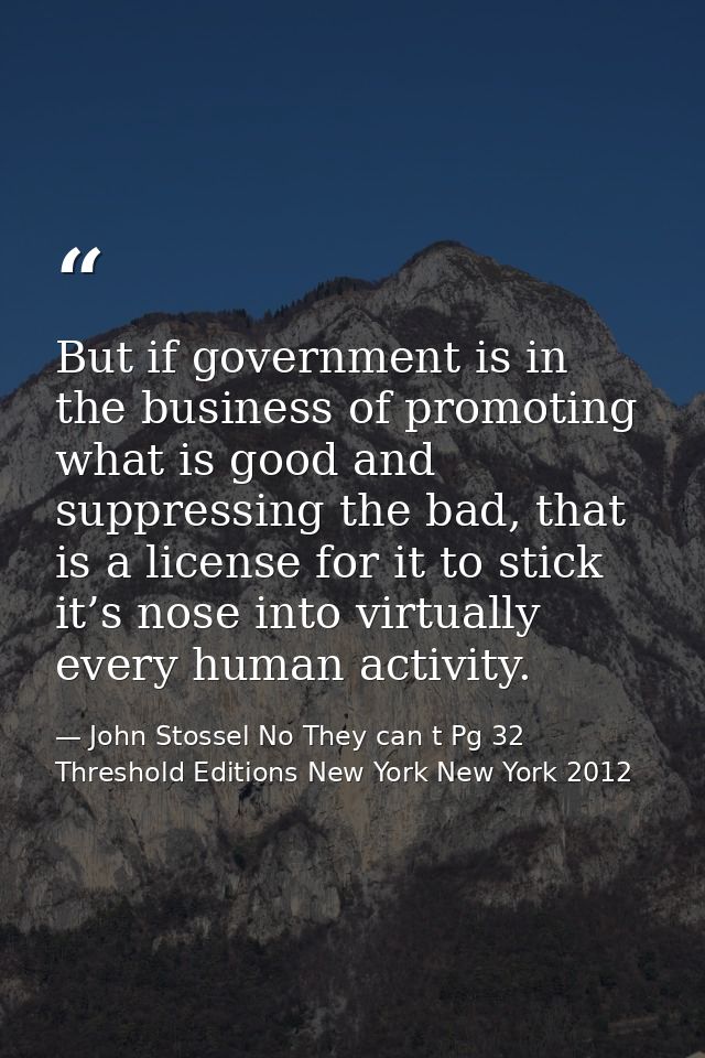 But if government is in the business of promoting what is good and suppressing the bad, that is a license for it to stic — John Stossel No They can t Pg 32 Threshold Editions New York New York 2012