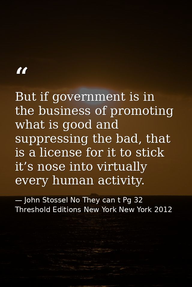 But if government is in the business of promoting what is good and suppressing the bad, that is a license for it to stic — John Stossel No They can t Pg 32 Threshold Editions New York New York 2012