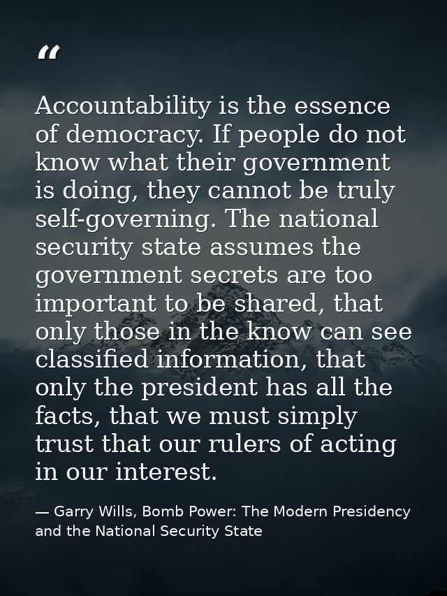 Accountability is the essence of democracy. If people do not know what their government is doing, they cannot be truly s — Garry Wills, Bomb Power: The Modern Presidency and the National Security State