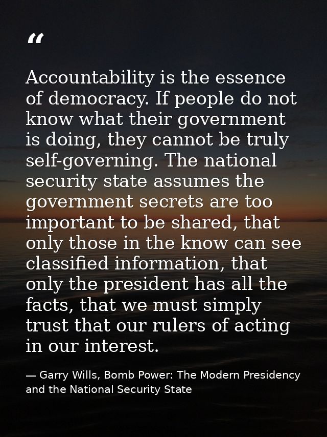 Accountability is the essence of democracy. If people do not know what their government is doing, they cannot be truly s — Garry Wills, Bomb Power: The Modern Presidency and the National Security State