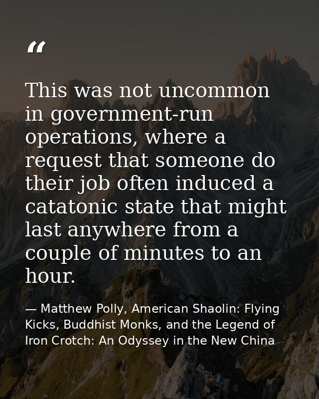 This was not uncommon in government-run operations, where a request that someone do their job often induced a catatonic  — Matthew Polly, American Shaolin: Flying Kicks, Buddhist Monks, and the Legend of Iron Crotch: An Odyssey in the New China