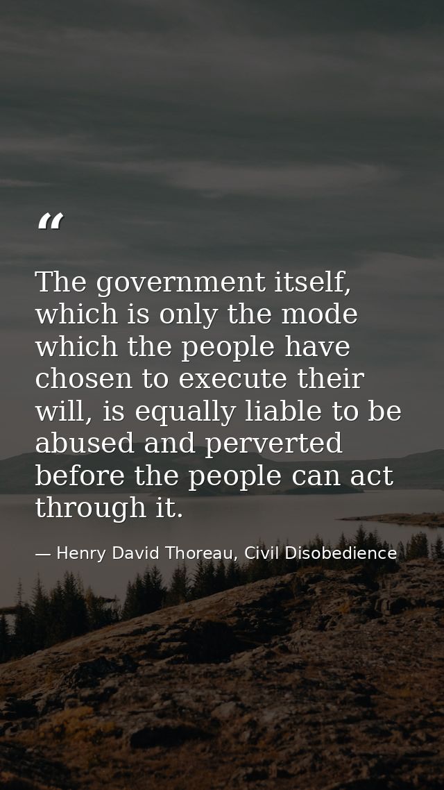 The government itself, which is only the mode which the people have chosen to execute their will, is equally liable to b — Henry David Thoreau, Civil Disobedience