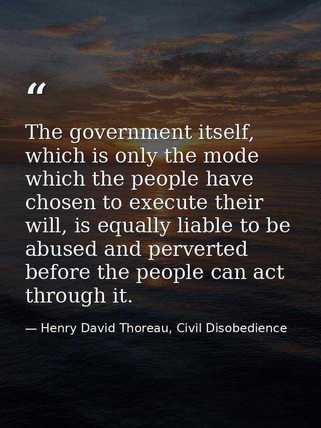 The government itself, which is only the mode which the people have chosen to execute their will, is equally liable to b — Henry David Thoreau, Civil Disobedience