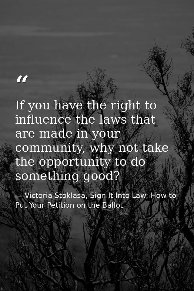 If you have the right to influence the laws that are made in your community, why not take the opportunity to do somethin — Victoria Stoklasa, Sign It Into Law: How to Put Your Petition on the Ballot
