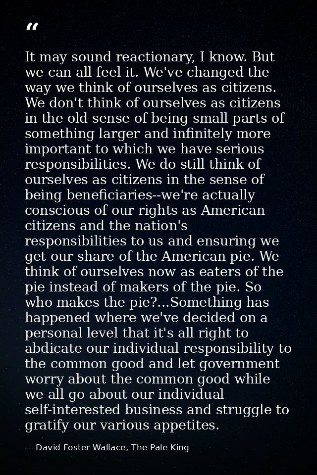 It may sound reactionary, I know. But we can all feel it. We've changed the way we think of ourselves as citizens. We do — David Foster Wallace, The Pale King
