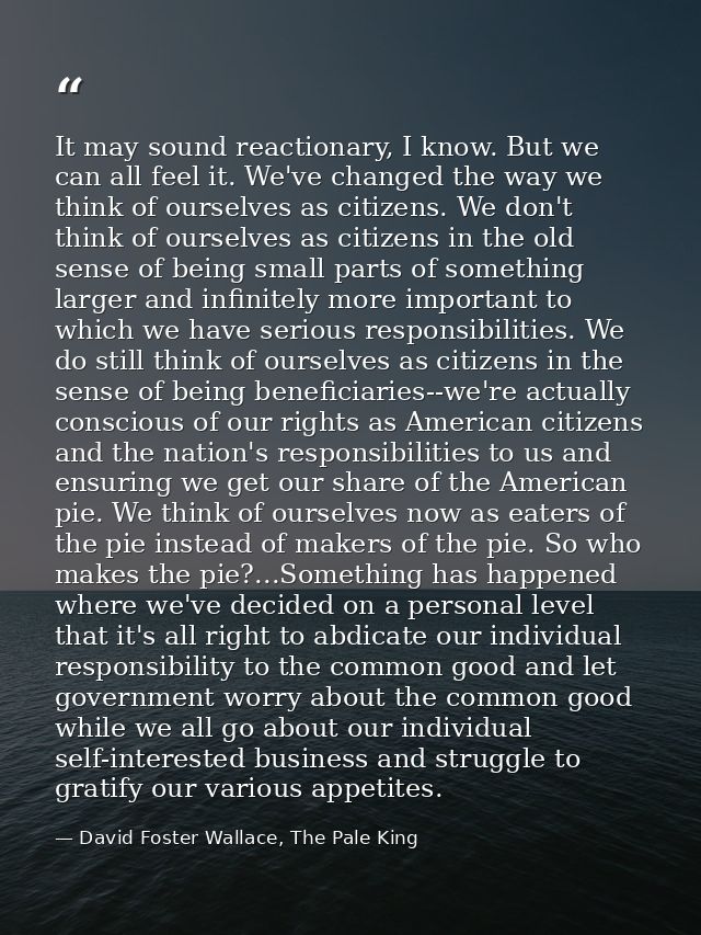 It may sound reactionary, I know. But we can all feel it. We've changed the way we think of ourselves as citizens. We do — David Foster Wallace, The Pale King