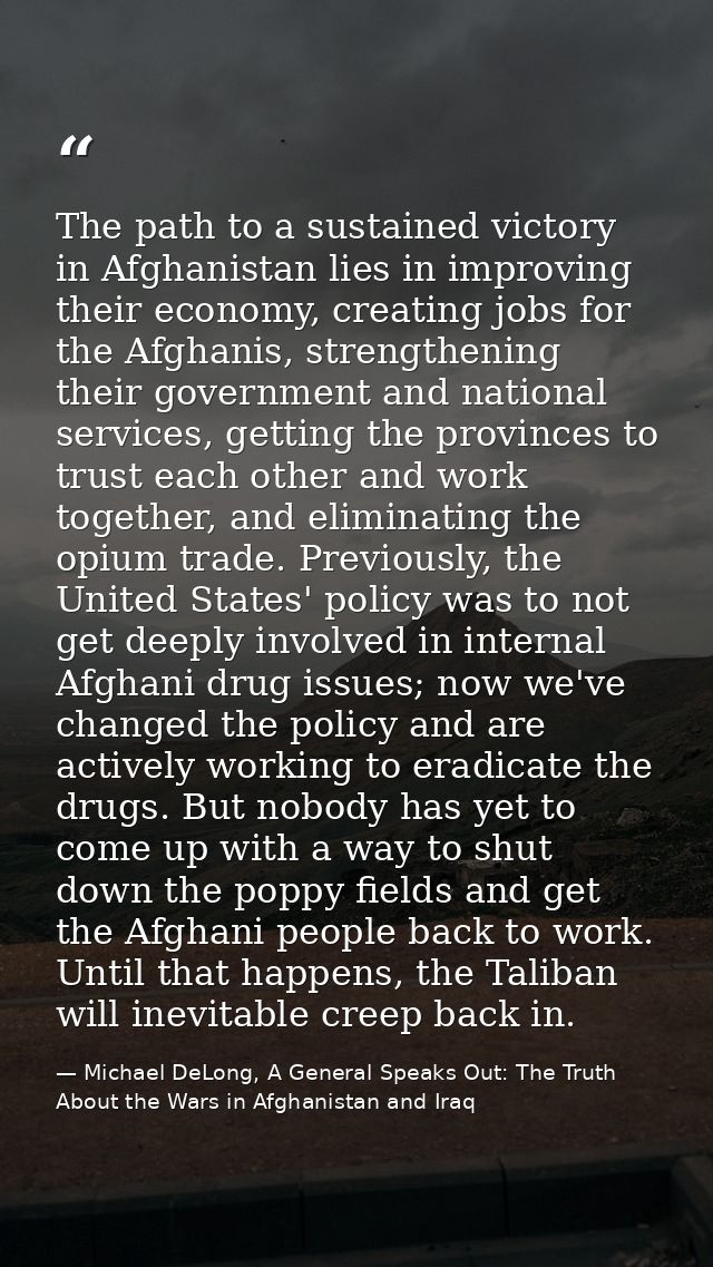 The path to a sustained victory in Afghanistan lies in improving their economy, creating jobs for the Afghanis, strength — Michael DeLong, A General Speaks Out: The Truth About the Wars in Afghanistan and Iraq