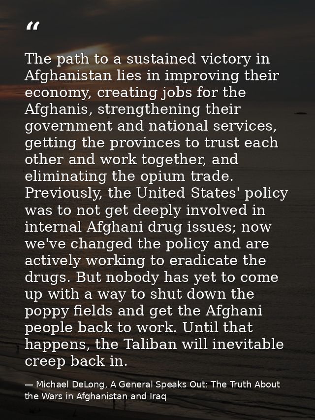 The path to a sustained victory in Afghanistan lies in improving their economy, creating jobs for the Afghanis, strength — Michael DeLong, A General Speaks Out: The Truth About the Wars in Afghanistan and Iraq
